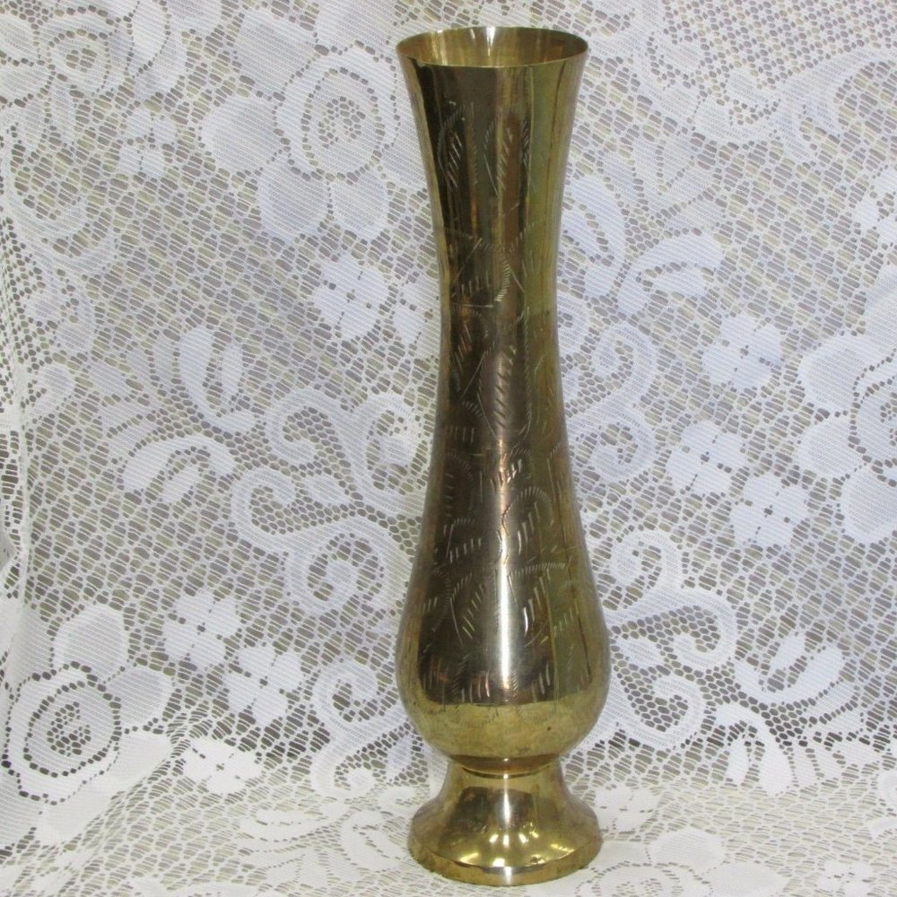 Vintage Solid Brass Vase 12" Tall Etched Engraved Vintage Boho Chic Home Decor
